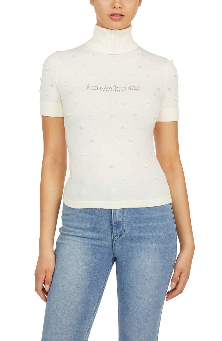 bebe Beaded Turtleneck Short Sleeve Sweater, Main, color, 