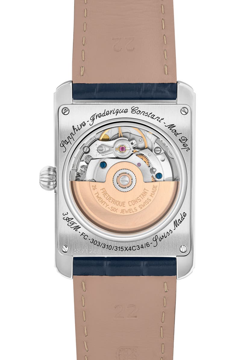 FREDERIQUE CONSTANT Classics Carrée Open Heart Blue Leather Strap Watch, 34.4mm x 33.3mm, Alternate, color,