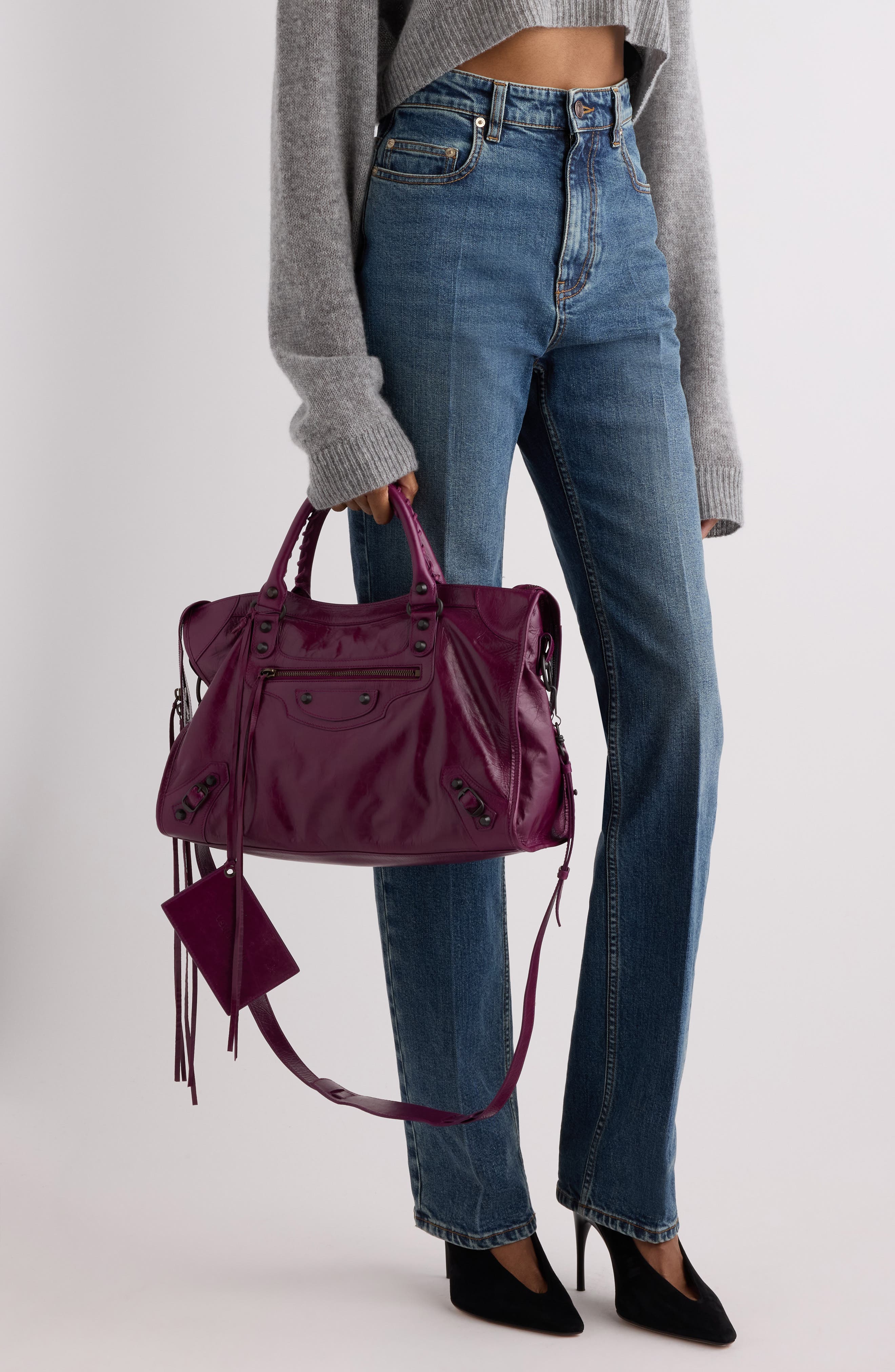 Medium Le City Leather Satchel, Alternate, color, PLUM/ BISCUIT