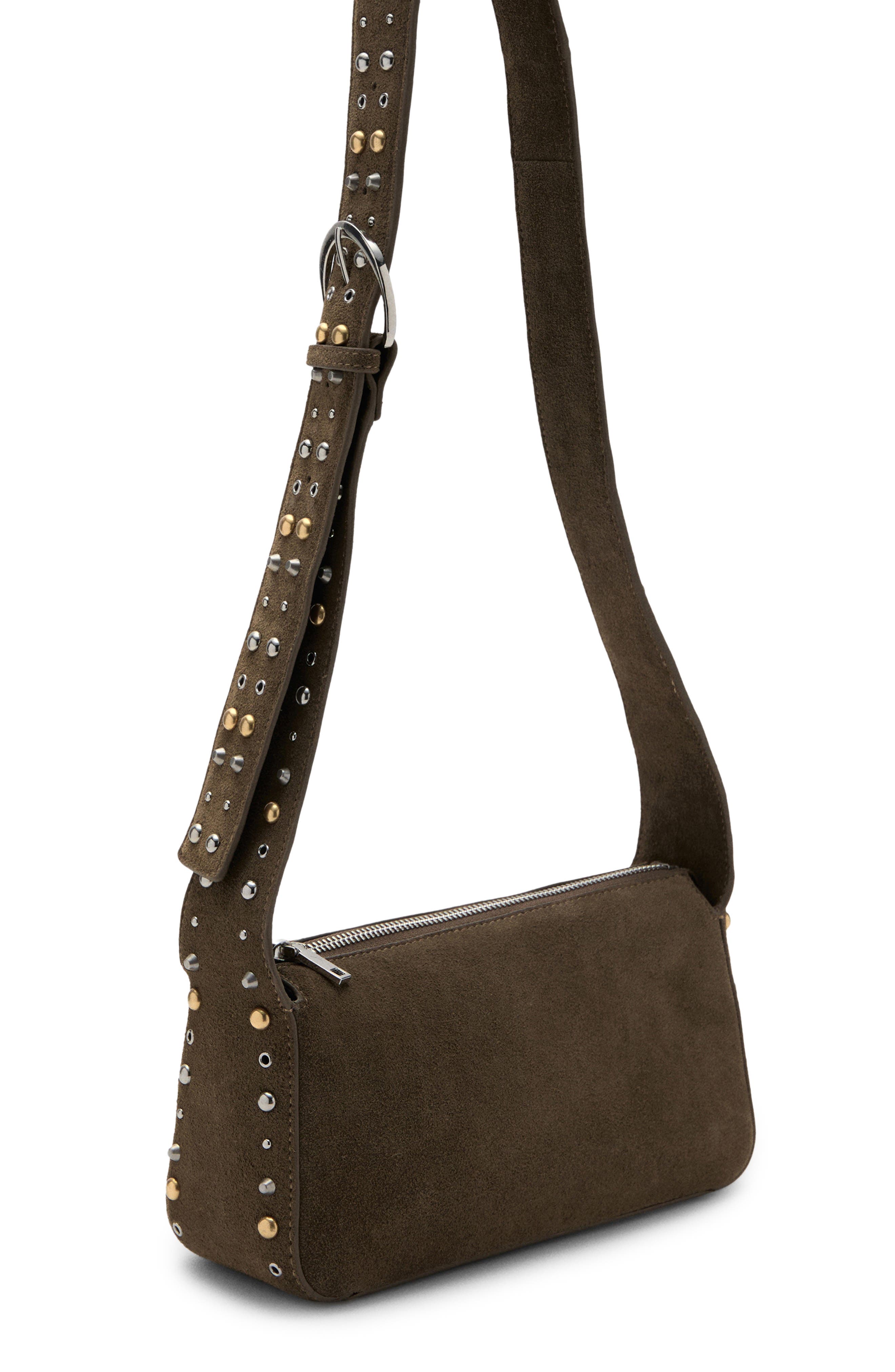 MANGO Suede Stud Crossbody Bag, Main, color, Khaki Green