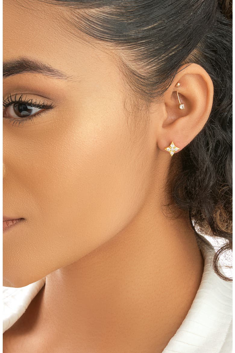 14K Gold Plated Sterling Silver & CZ Dainty Four Pointed Star Stud Earrings, Alternate, color, GOLD