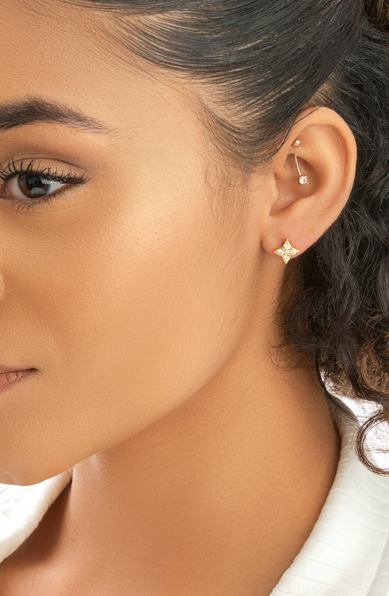 Sterling Forever 14K Gold Plated Sterling Silver & CZ Dainty Four Pointed Star Stud Earrings, Alternate, color, Gold