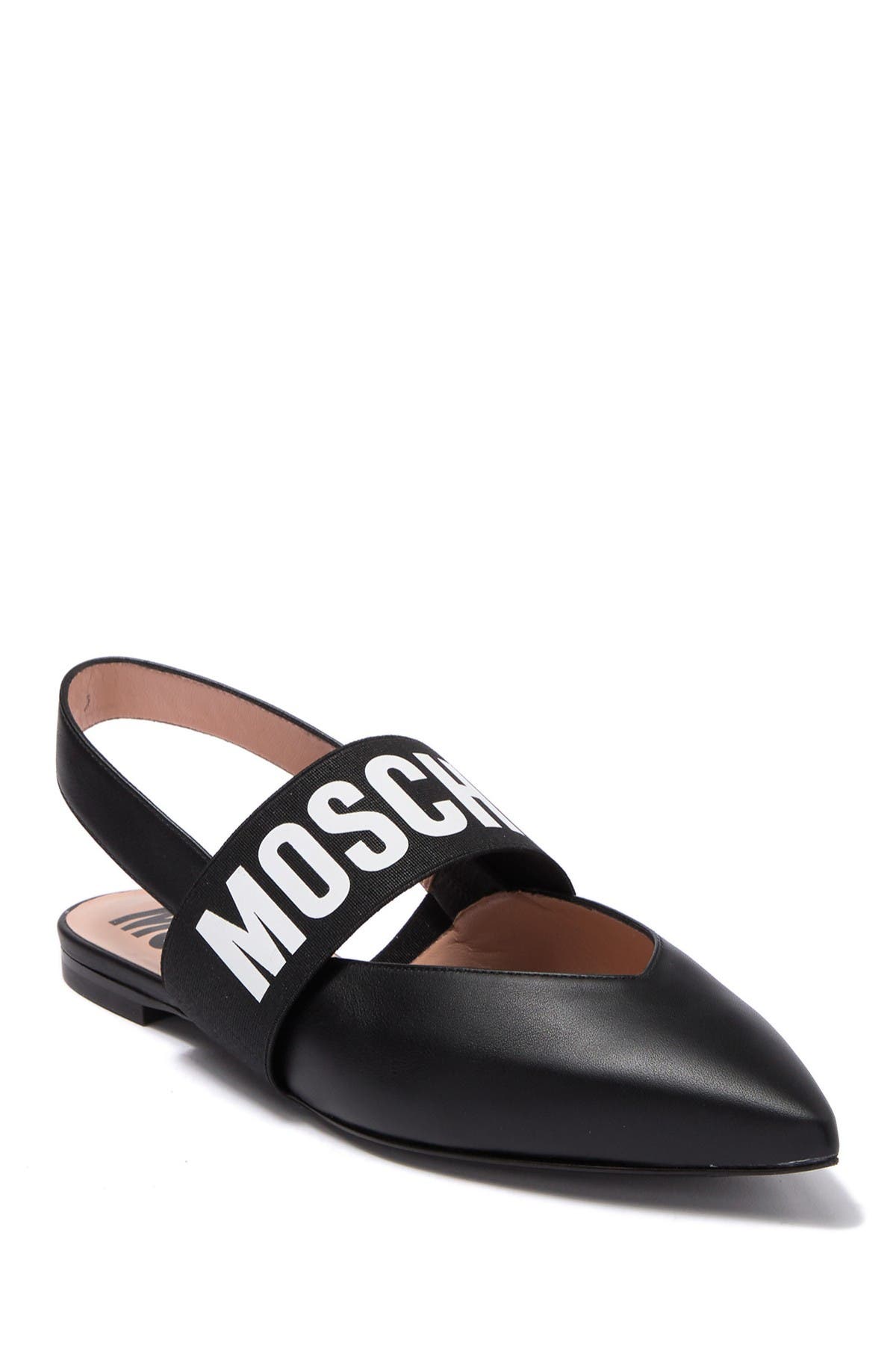 Moschino Logo Leather Pointed Toe Slingback Flat, Main, color, 