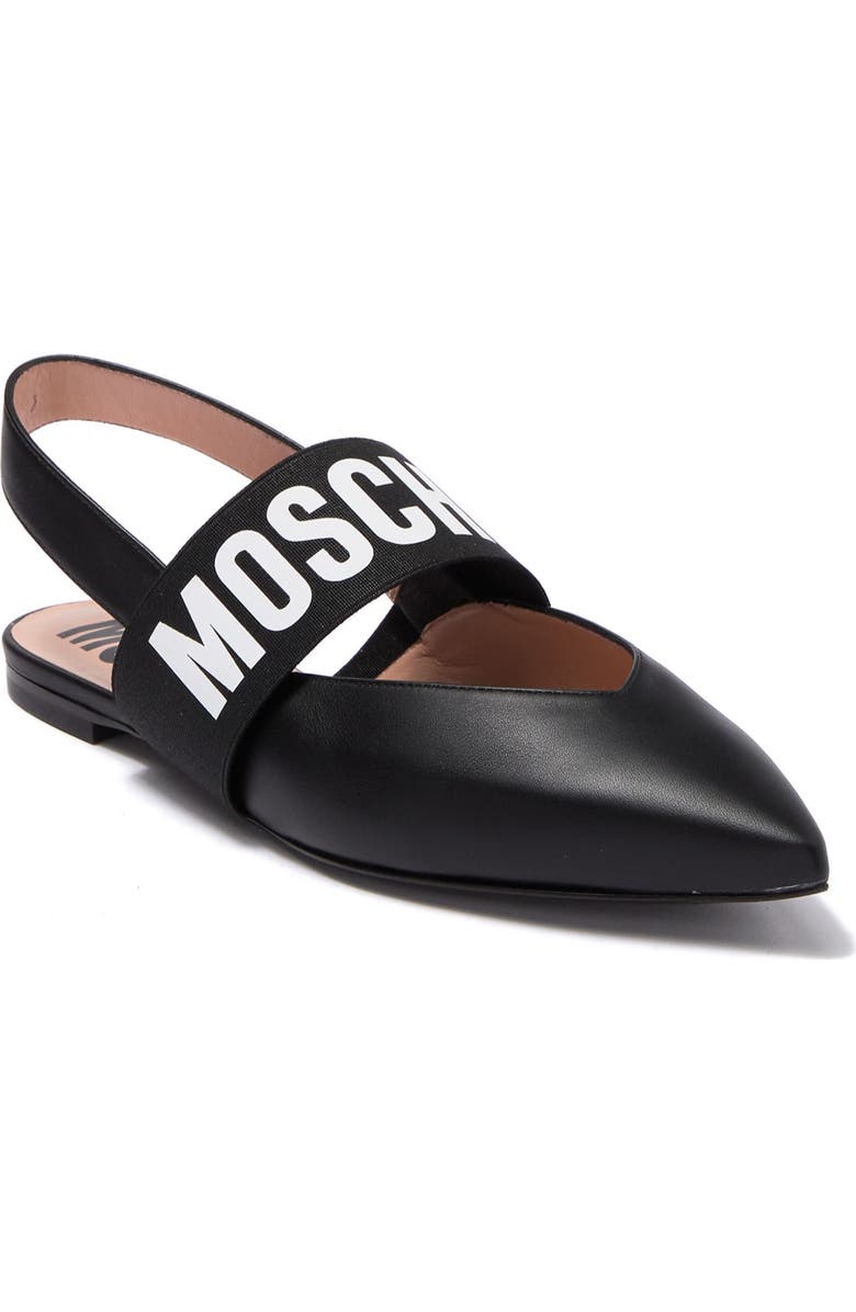 Moschino Logo Leather Pointed Toe Slingback Flat, Main, color,