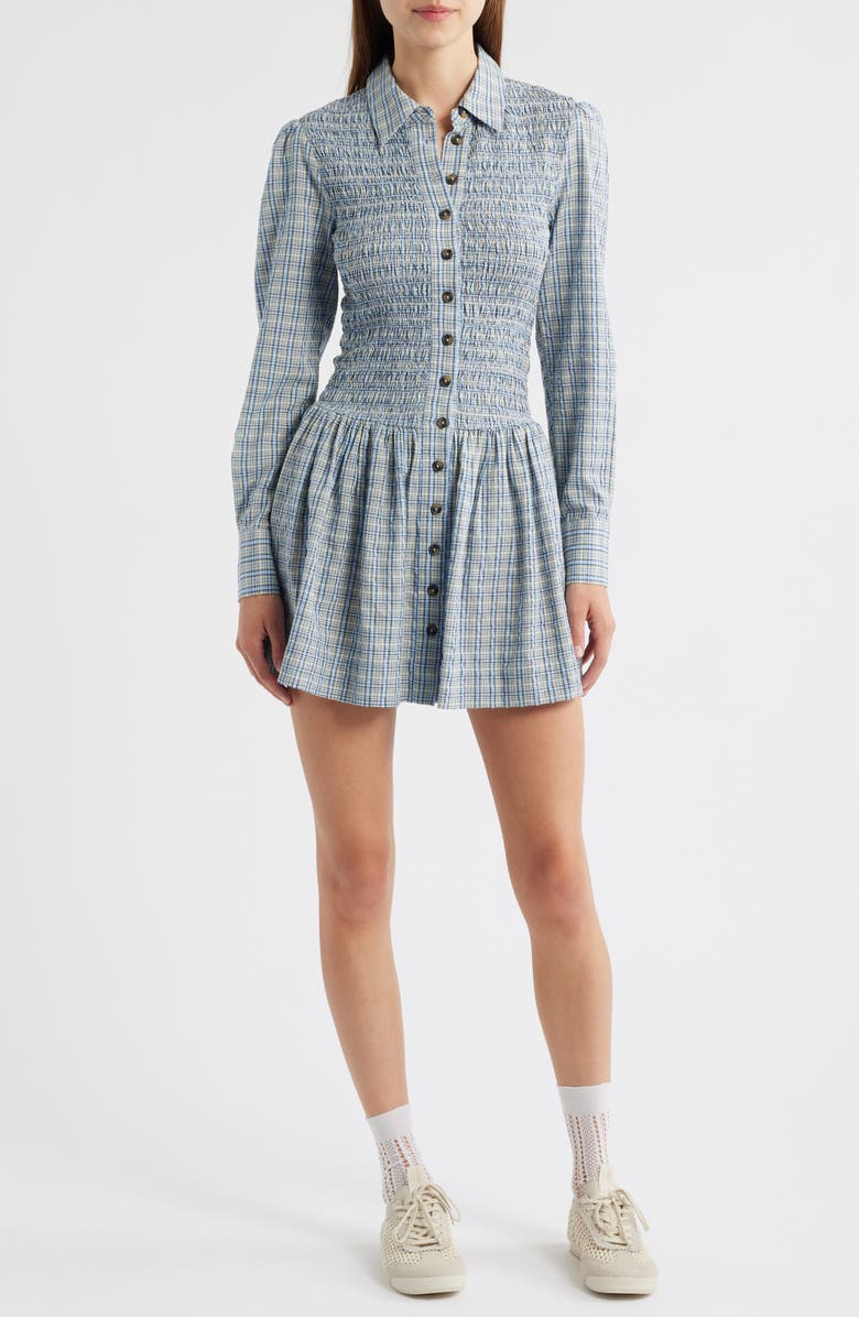 Damson Madder Bora Smocked Bodice Long Sleeve Organic Cotton Seersucker Minidress, Main, color, Cloudy