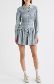 Damson Madder Bora Smocked Bodice Long Sleeve Organic Cotton Seersucker Minidress