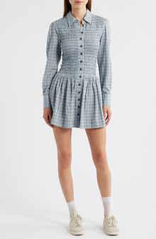 Damson Madder Bora Smocked Bodice Long Sleeve Organic Cotton Seersucker Minidress