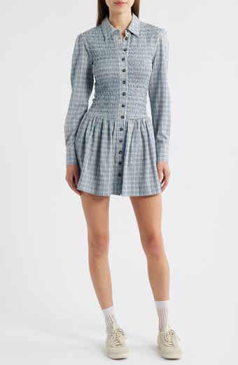 Damson Madder Bora Smocked Bodice Long Sleeve Organic Cotton Seersucker Minidress