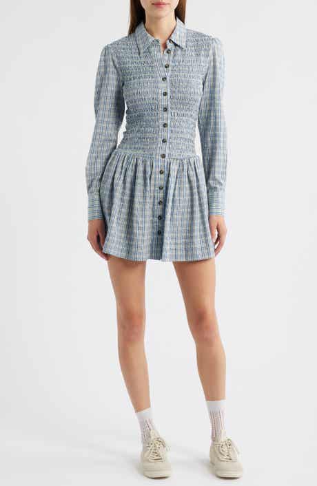 Damson Madder Bora Smocked Bodice Long Sleeve Organic Cotton Seersucker Minidress