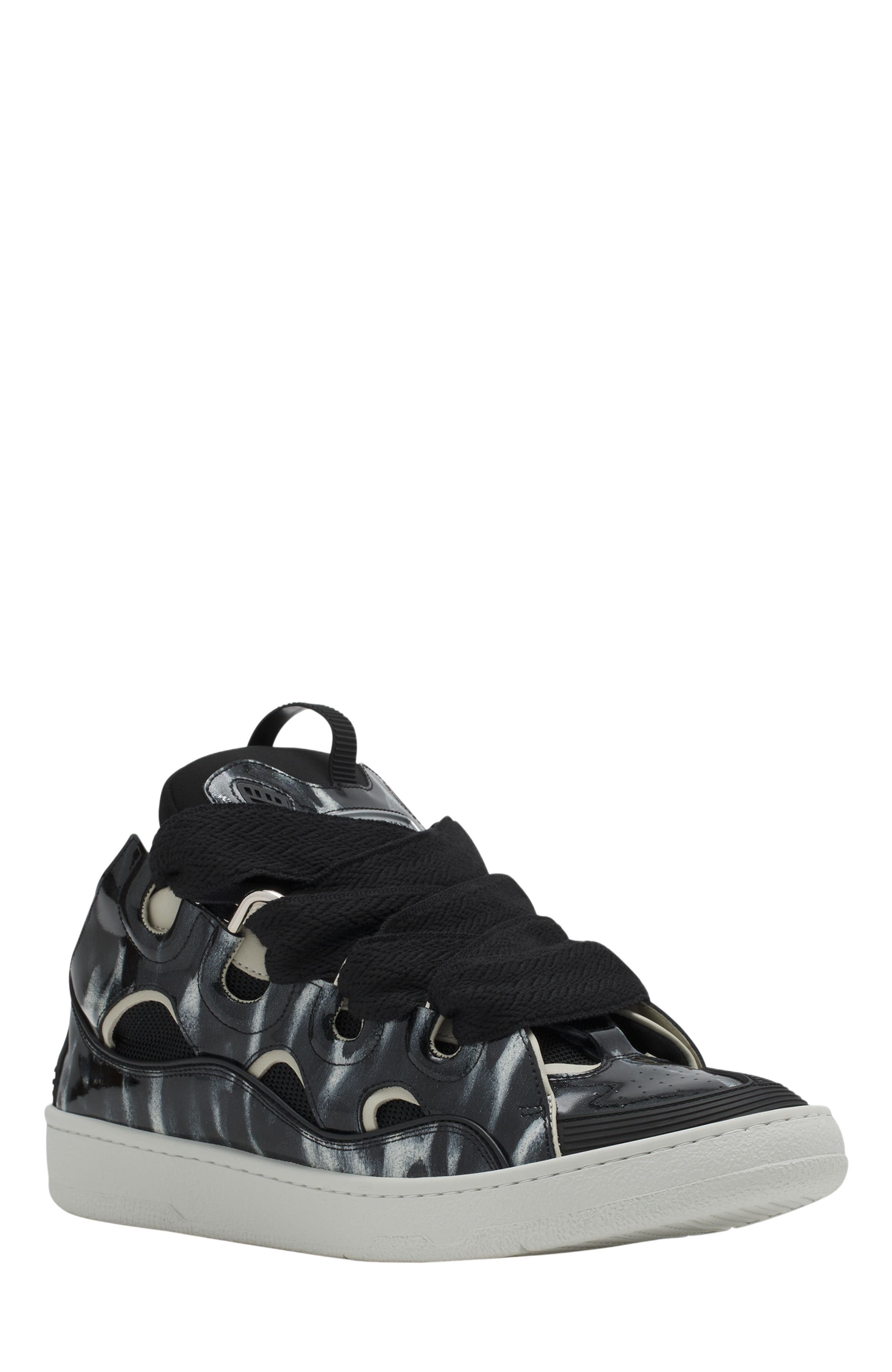 Lanvin Curb Leather Sneakers With Sparkles, Alternate, color, Black/White