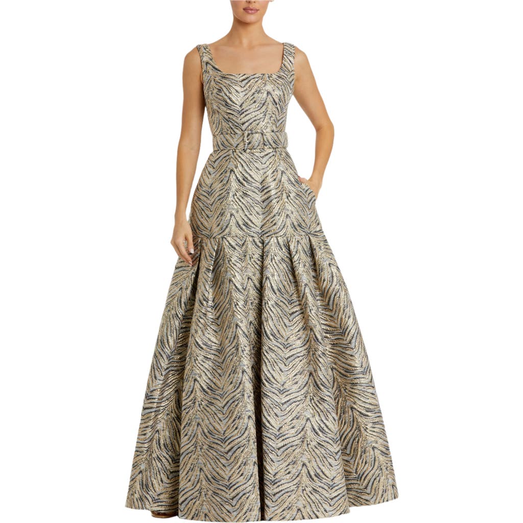 Mac Duggal Metallic Zebra Print Sleeveless A-line Gown With Belt
