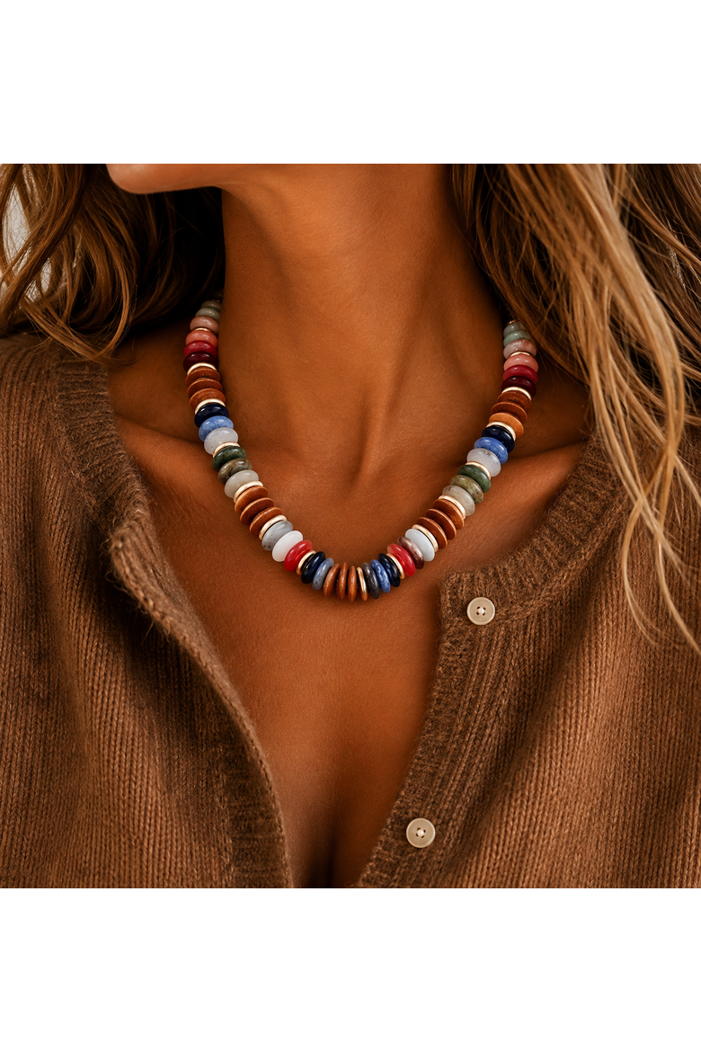 Wood and Neutral Beaded Necklace, Alternate, color, Brown