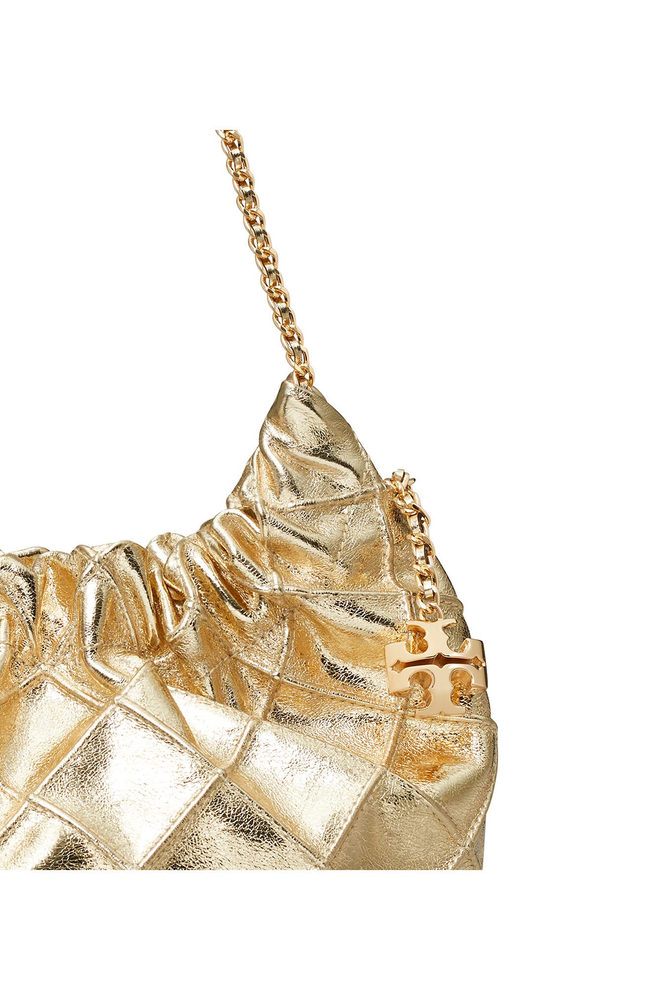 Tory Burch Mini Fleming Metallic Leather Hobo Bag, Alternate, color, Gold