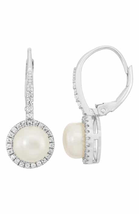 FZN Imitation Pearl and Cubic Zirconia Leverback Drop Earrings