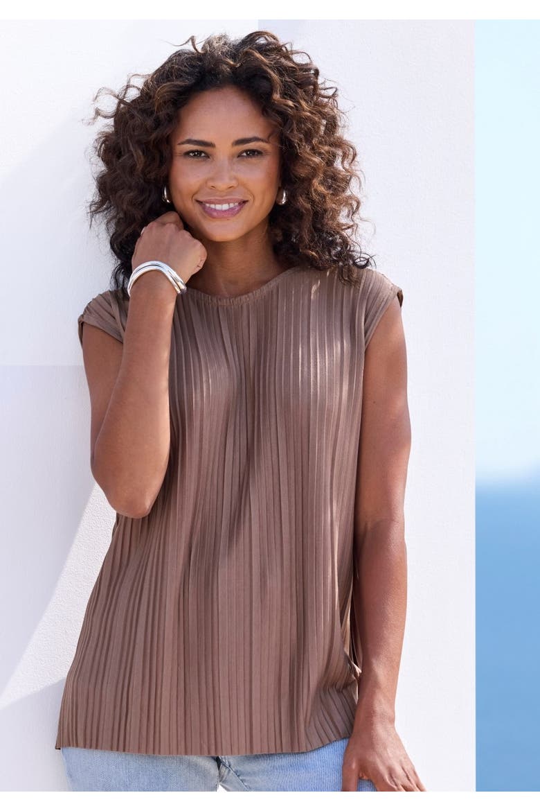 Pleated Cap Sleeve Top, Alternate, color, Taupe