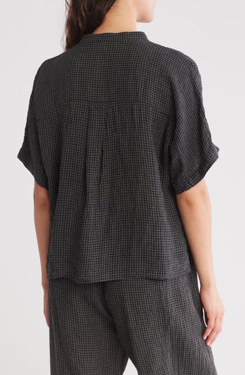 Eileen Fisher  Mandarin Collar Short Sleeve Shirt レディース シャツ トップス Black Natu Women's Eileen Fisher Mandarin Collar Short Sleeve Shirt