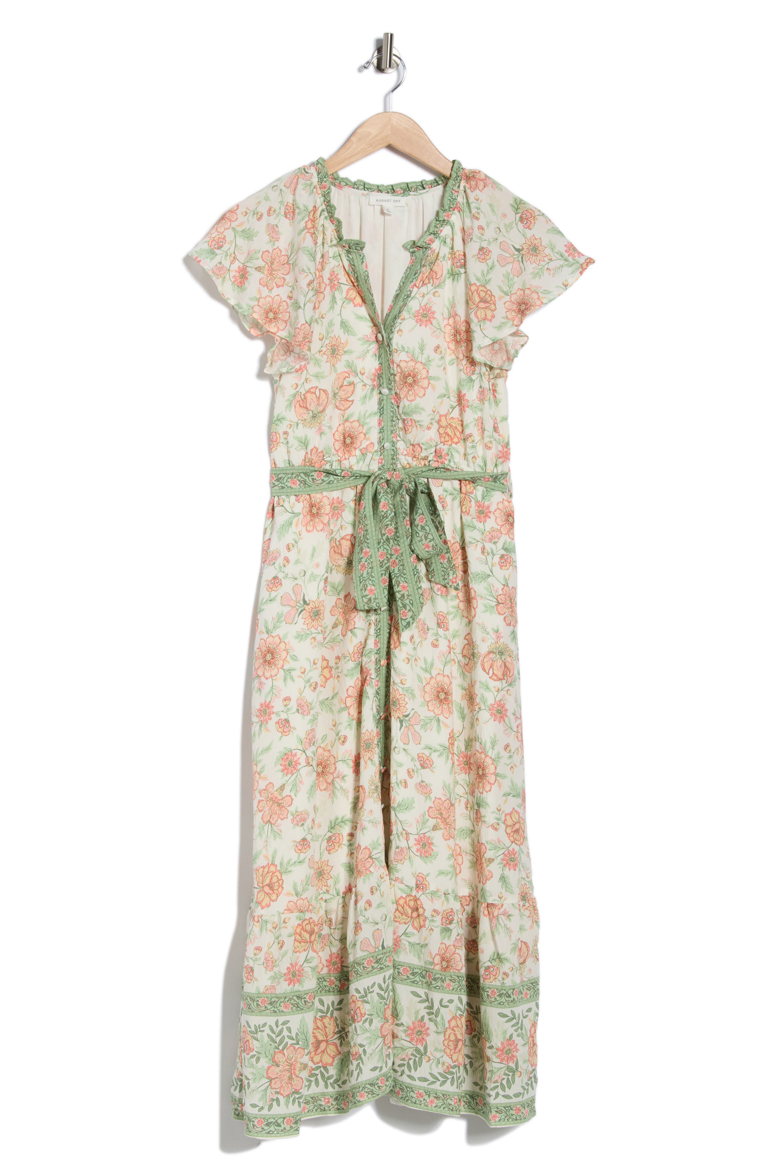 AUGUST SKY Floral Short Sleeve Tie Waist Dress