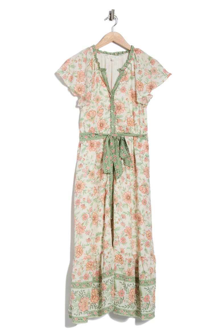 Floral Short Sleeve Tie Waist Dress, Main, color, GREEN MULTI