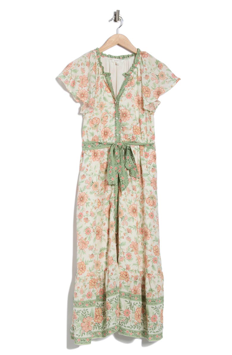 AUGUST SKY Floral Short Sleeve Tie Waist Dress, Main, color, Green Multi