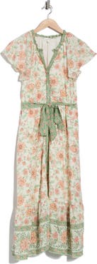 AUGUST SKY Floral Short Sleeve Tie Waist Dress