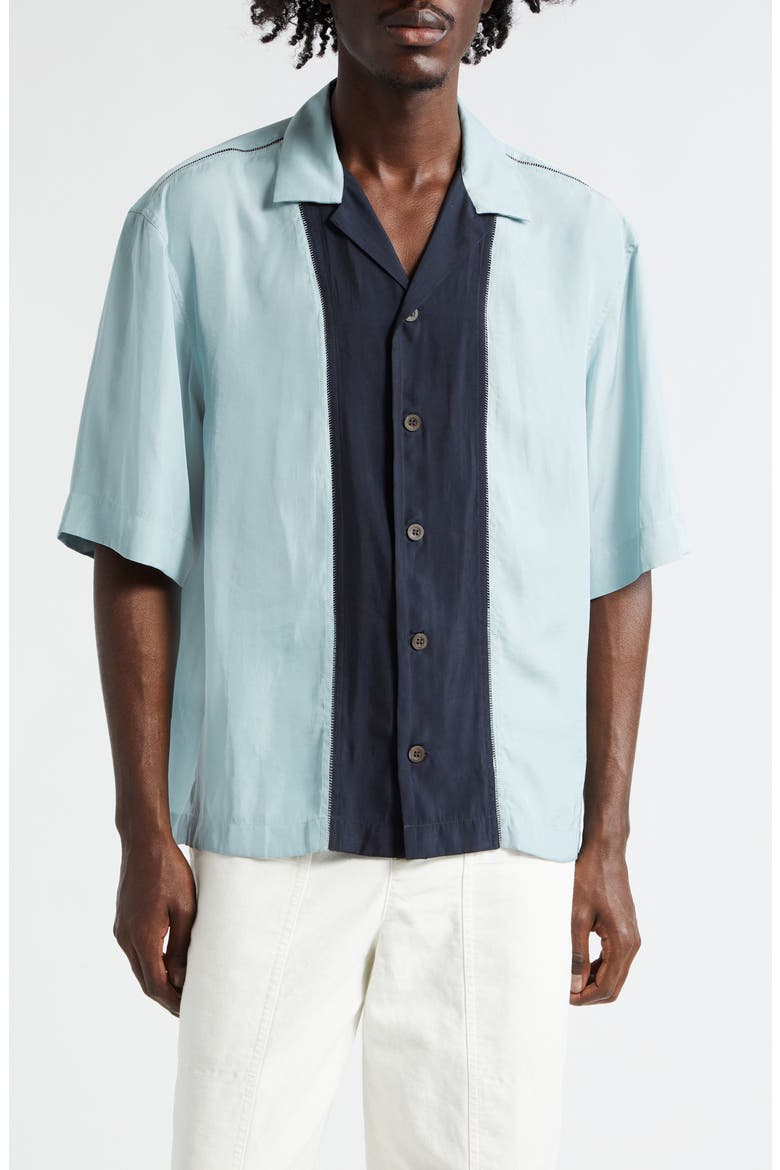 Curbank Colorblock Ladder Stitch Satin Camp Shirt, Main, color, LIGHT BLUE 514