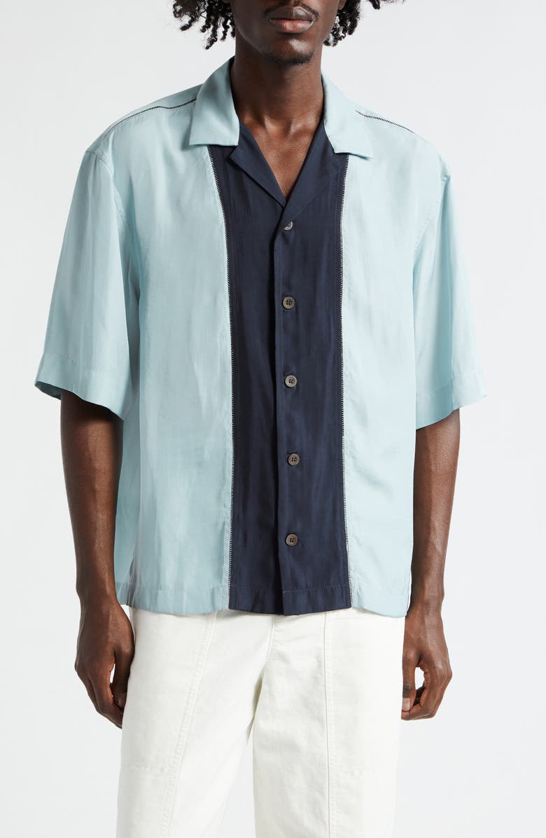 Dries Van Noten Curbank Colorblock Ladder Stitch Satin Camp Shirt, Main, color, 
