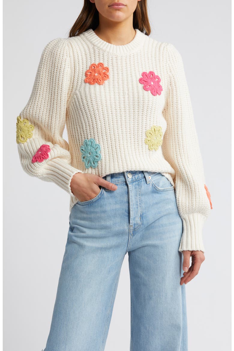 Romi Floral Crochet Accent Crewneck Sweater, Main, color, IVORY MULTI DAISIES
