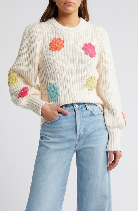 Romi Floral Crochet Accent Crewneck Sweater