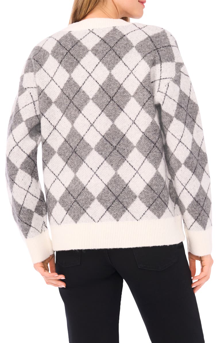 CeCe Argyle V-Neck Cardigan, Alternate, color, Antique White