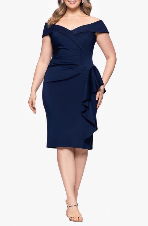 Ruffle Boat Neck Scuba Cocktail Dress (Plus)