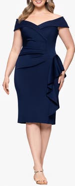 Xscape Evenings Ruffle Boat Neck Scuba Cocktail Dress