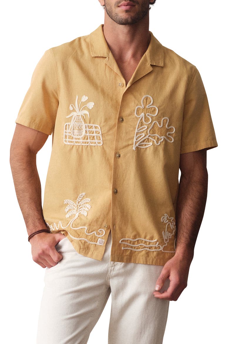 Embroidered Cotton & Linen Resort Shirt, Main, color, MUSTARD