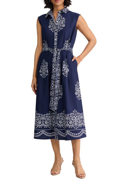 Placed Print Sleeveless Stretch Cotton Midi Shirtdress
