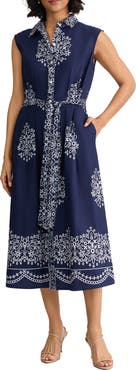 Jones New York Placed Print Sleeveless Stretch Cotton Midi Shirtdress