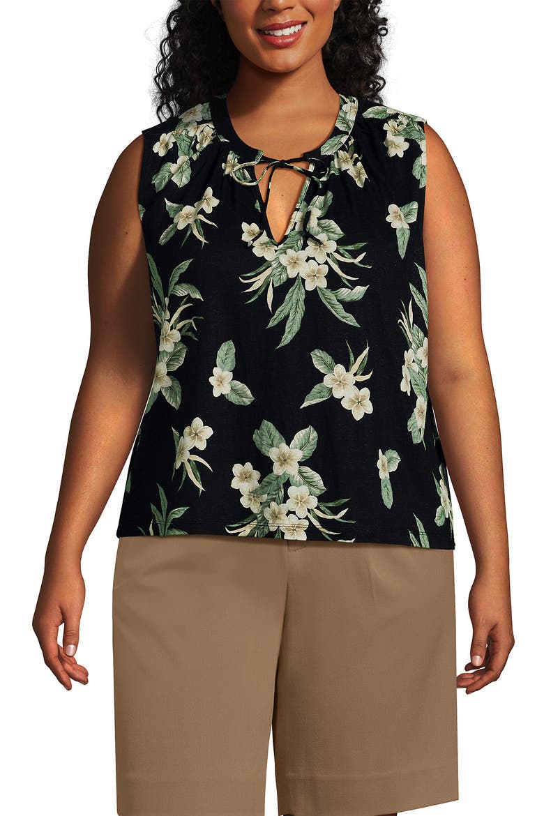 Plus Size Linen Blend Notch Neck Swing Tank Top, Main, color, Black Plumeria