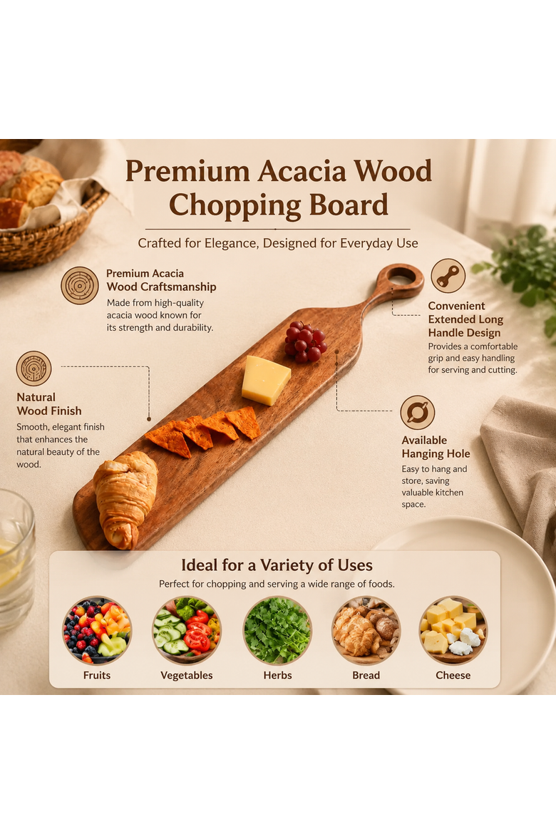 Long Handle Acacia Wood Cutting Board Chopping Board, Alternate, color, Natural Wood