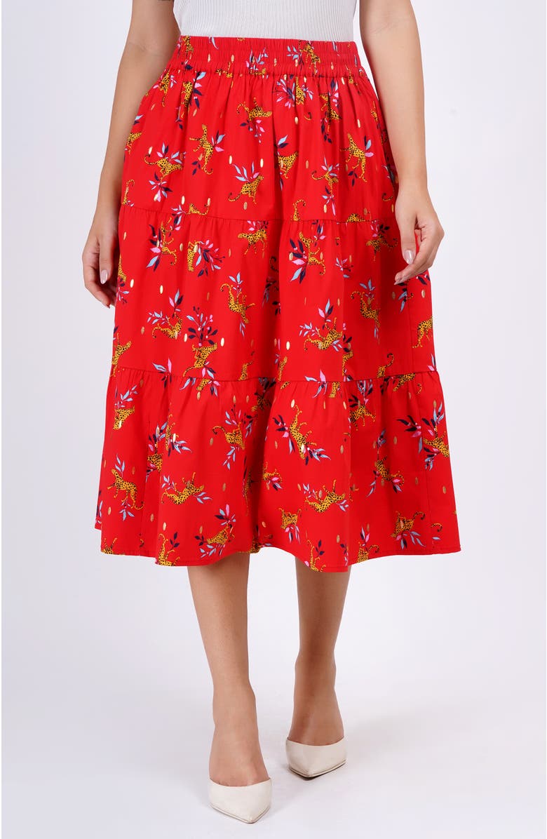 Leota Evelyn Tiered Midi Skirt, Main, color, Lucky Cheetah Poppy Red