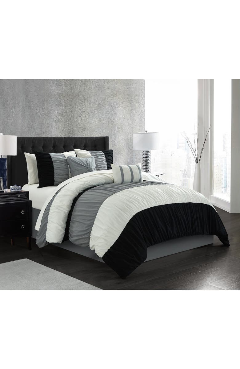 CHIC Jaye Ruched Color Block Design Queen Comforter Set - Black - 9-Piece Set, Main, color,