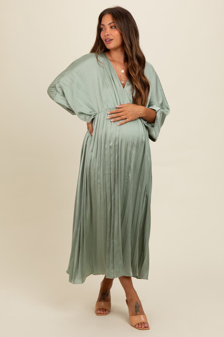 Satin Pleated V-Neck Maxi Dress, Main, color, Light Olive