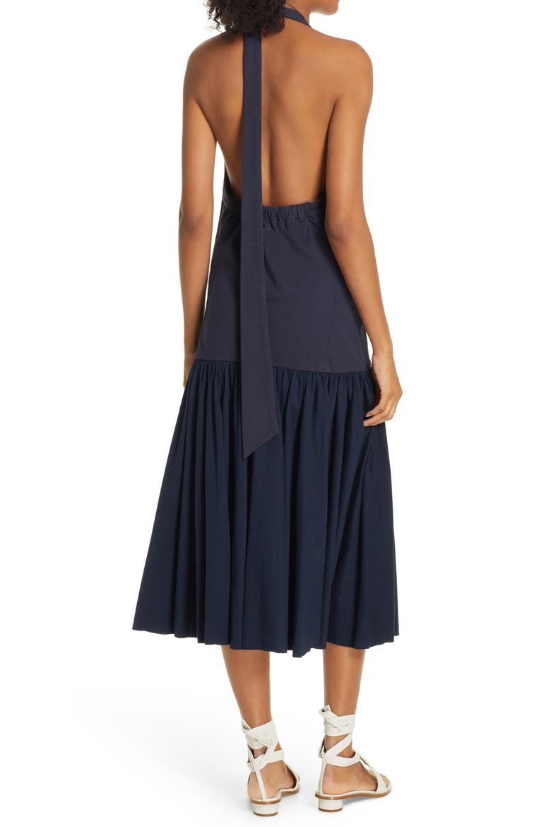Deep-V Punto Milano Midi Dress, Alternate, color, NAVY
