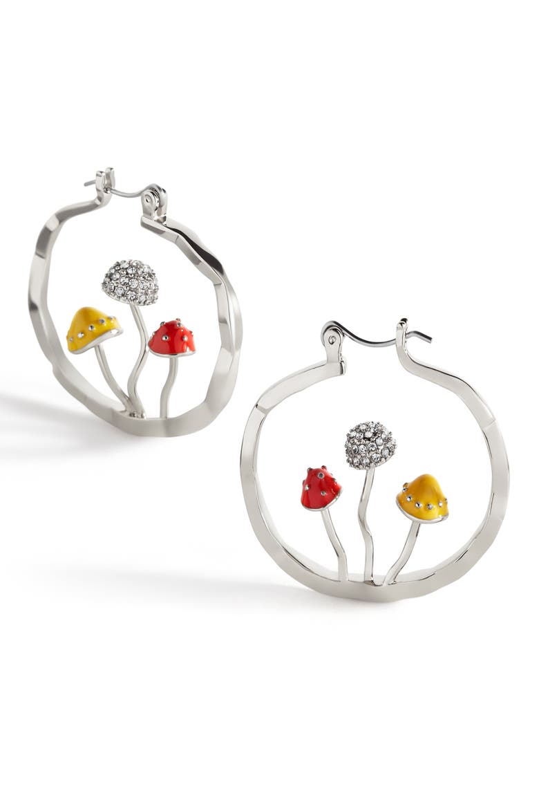 Boho Mushroom Hoop Earrings, Main, color, Silver