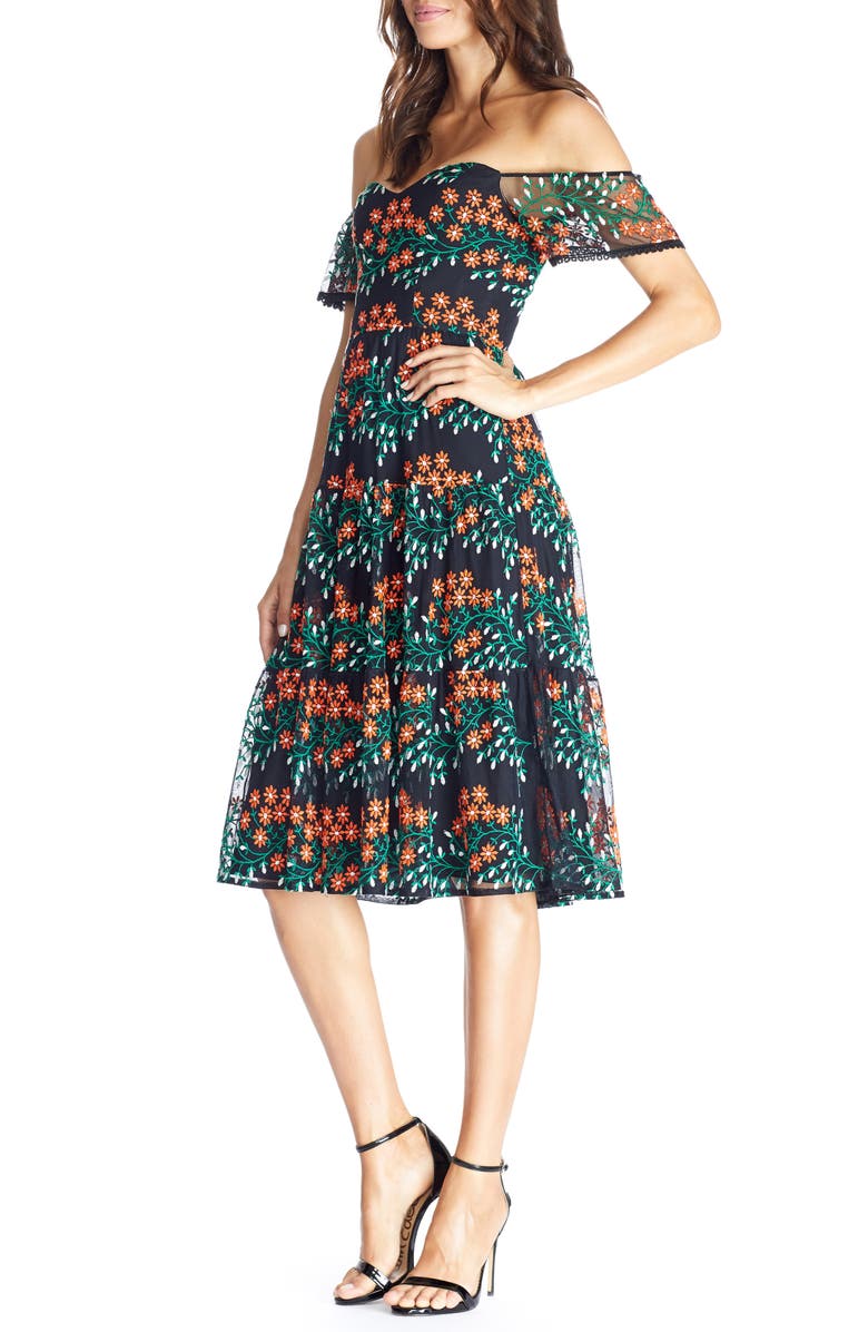 Dress the Population River Embroidered Off the Shoulder Midi Dress, Alternate, color,