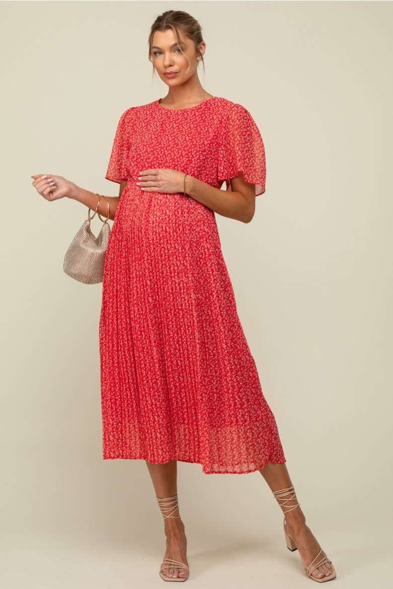 Floral Pleated Midi Dress, Alternate, color, Red