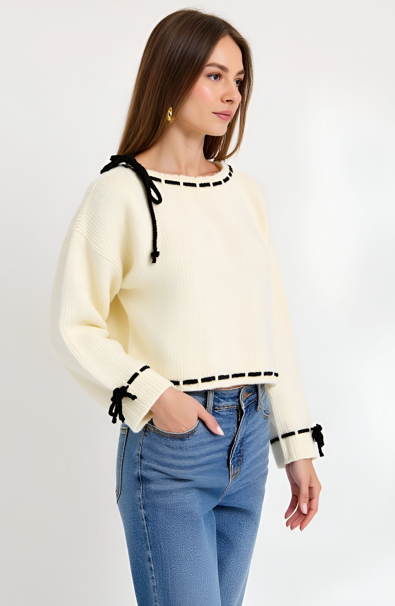 Modenaire Contrast Tie Scalloped Boat Neck Cropped Hem Knit Sweater, Alternate, color, Ivory