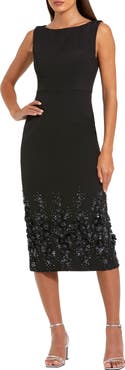 Mac Duggal Crepe Sleeveless Floral Beaded Midi Dress