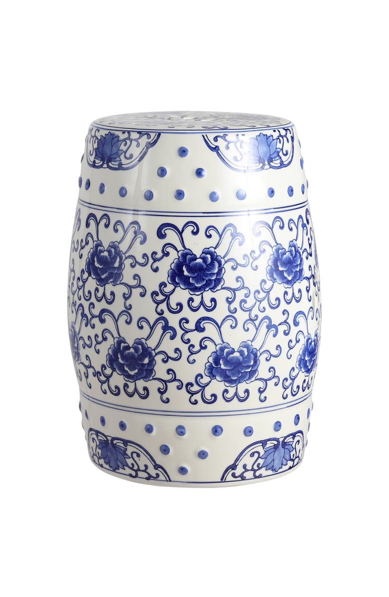 JONATHAN Y Lotus Flower 17.8" Chinoiserie Ceramic Drum Garden Stool, Main, color, Blue/White