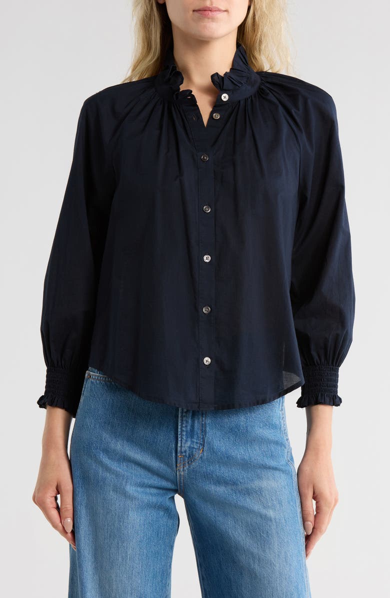 Veronica Beard Calisto Ruffle Collar Cotton Button-Up Shirt, Main, color, Navy
