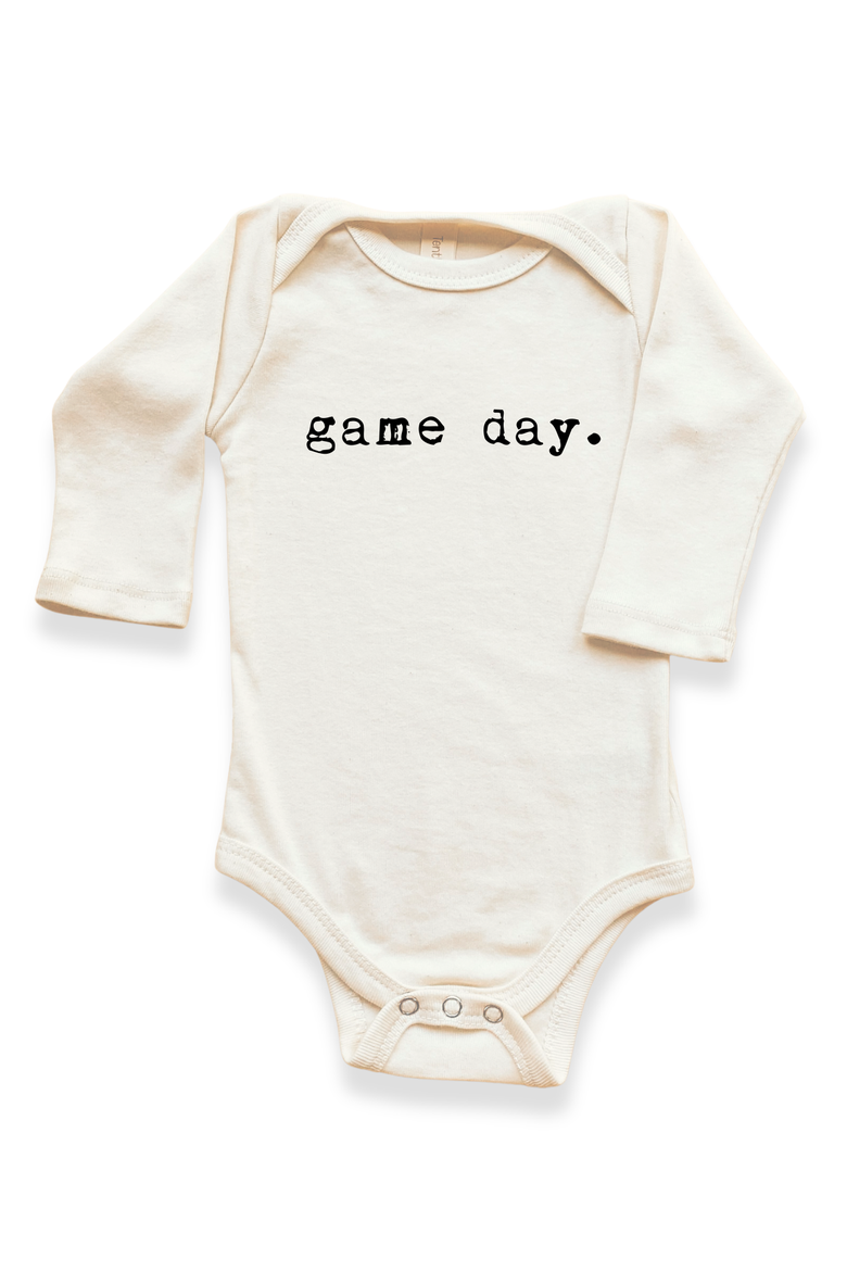 Game Day - Organic Long Sleeve Baby Bodysuit, Main, color, Natural Black Lettering