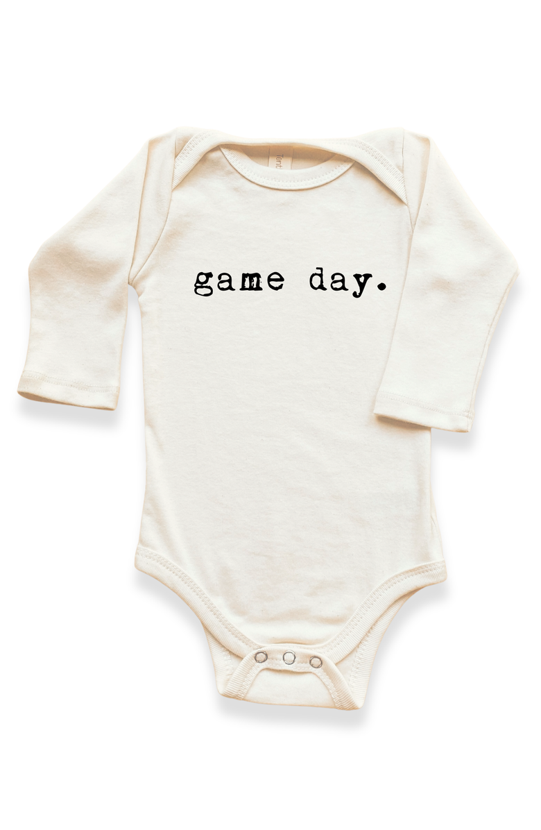 Tenth & Pine Game Day - Organic Long Sleeve Baby Bodysuit, Main, color, Natural Black Lettering