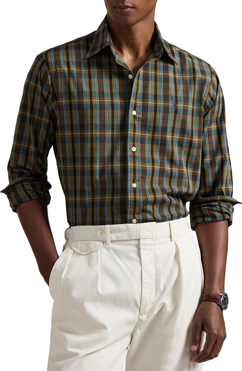 Polo Ralph Lauren Classic Fit Plaid Performance Oxford Button-Down Shirt, Main, color, Navy Brown Multi